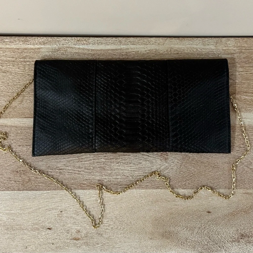 Urban Expressions Snakeskin Embossed Black Envelope Clutch with Gold Chain